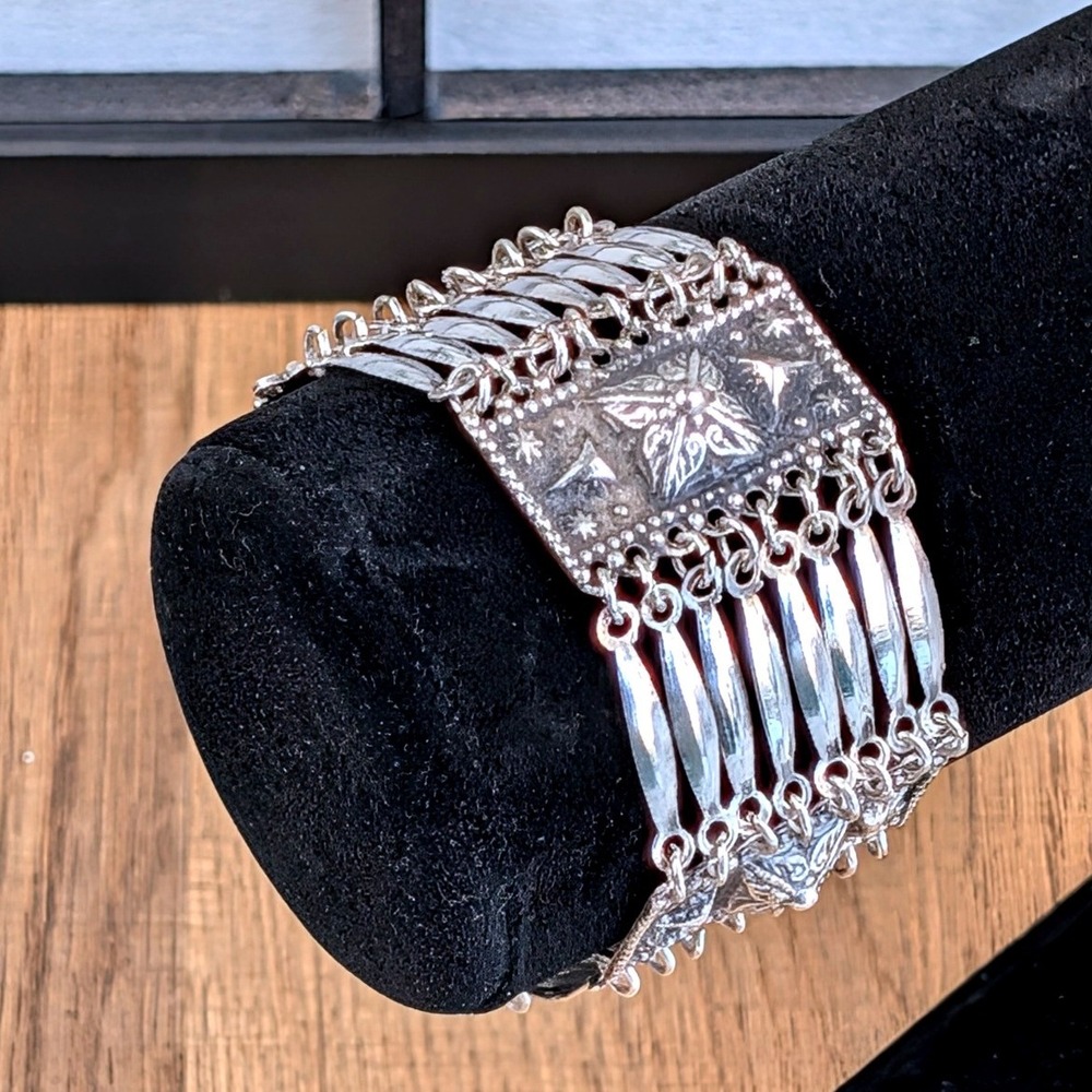 Sterling Silver Repousse Panel Link Bracelet Star Geometric Wide Statement 925
